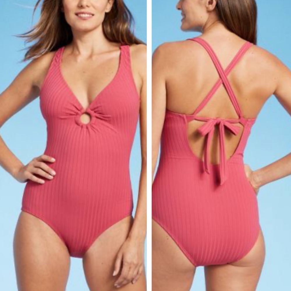 Kona Sol Pink Ribbed Ring Front One Piece Swimsuit V Neck Women Small NEW